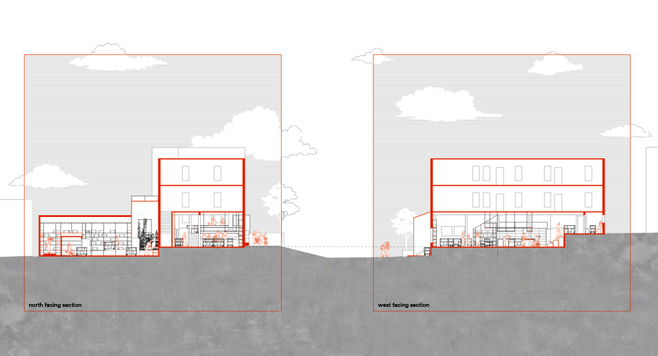 North and west facing sections, showing people (in orange) inhabiting the space.
