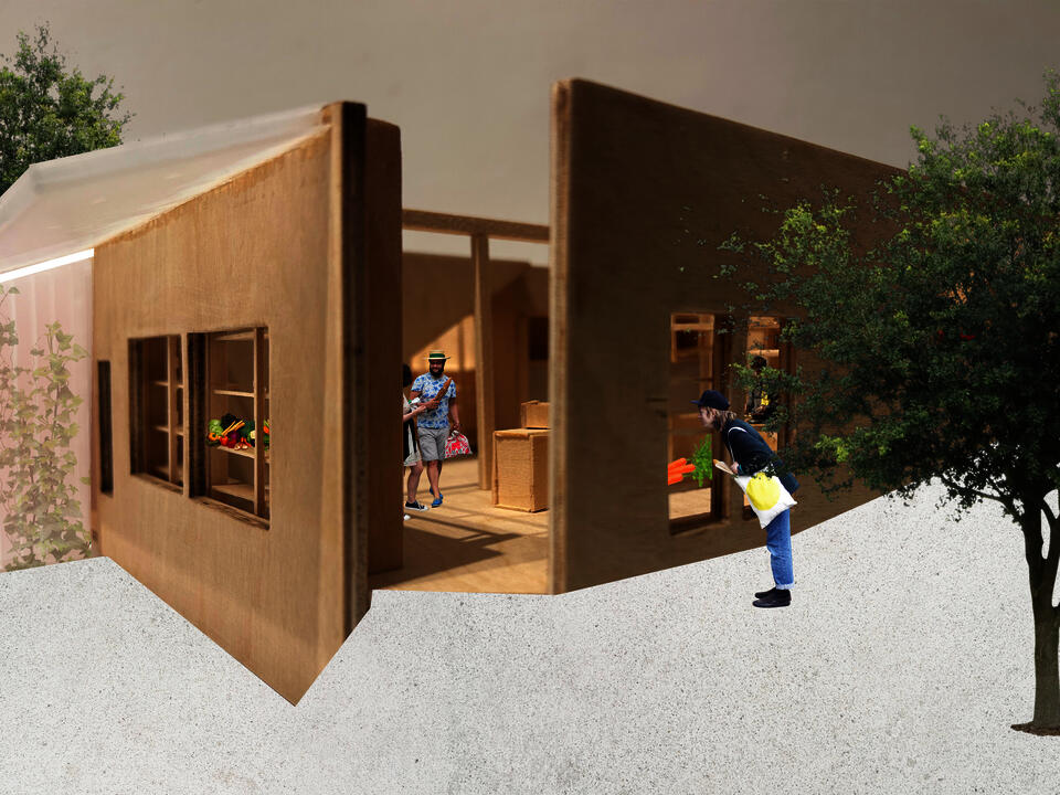 A collage over a photograph of the physical model, showing the view of approaching the main entrance.