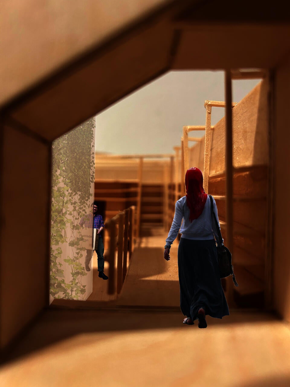 A collage over a photograph of the physical model, showing an interior view, entering the food center.