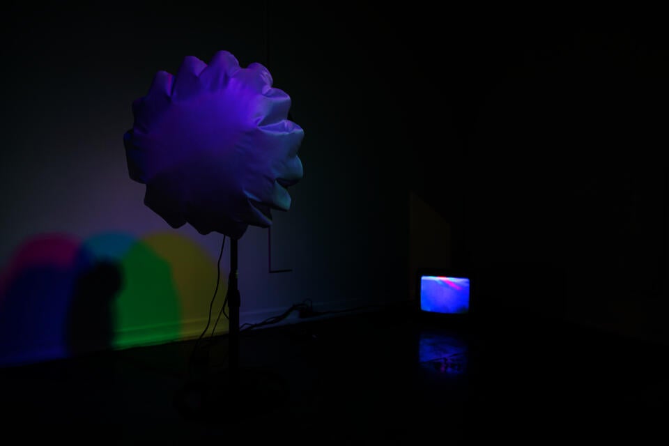 White fabric is attached to a fan and being blown up under colorful light.