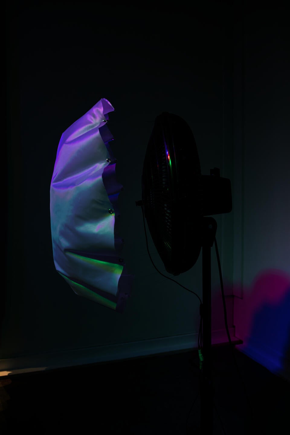 White fabric is attached to a fan and being blown up under colorful light.