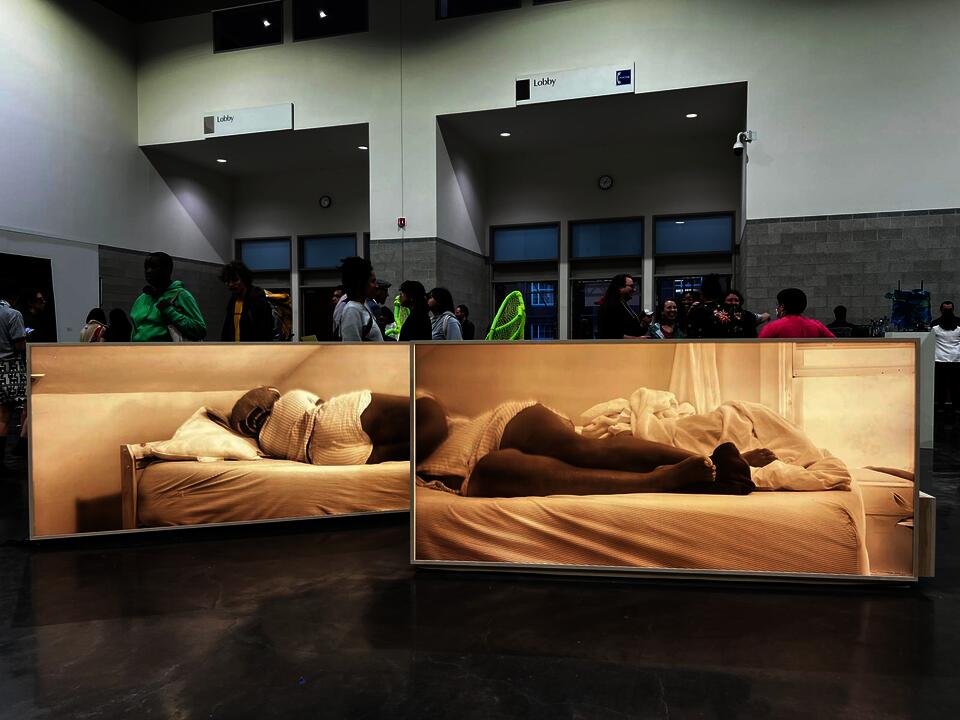 two large horizonal light boxes lit on both sides. one side has a silhouetted body making repeated gestures and the other in a person laying in a bed