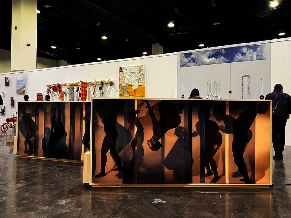 two large horizonal light boxes lit on both sides. one side has a silhouetted body making repeated gestures and the other in a person laying in a bed