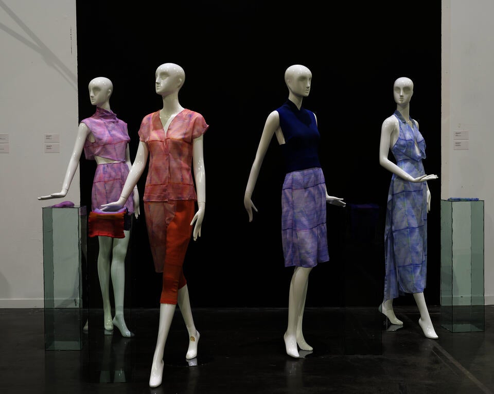Wide range shot of medical knitwear collection at RISD 2023 Graduate Thesis Show
