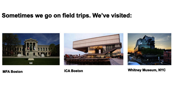 Images of ICA Boston, MFA Boston, and the Whitney Museum of American art