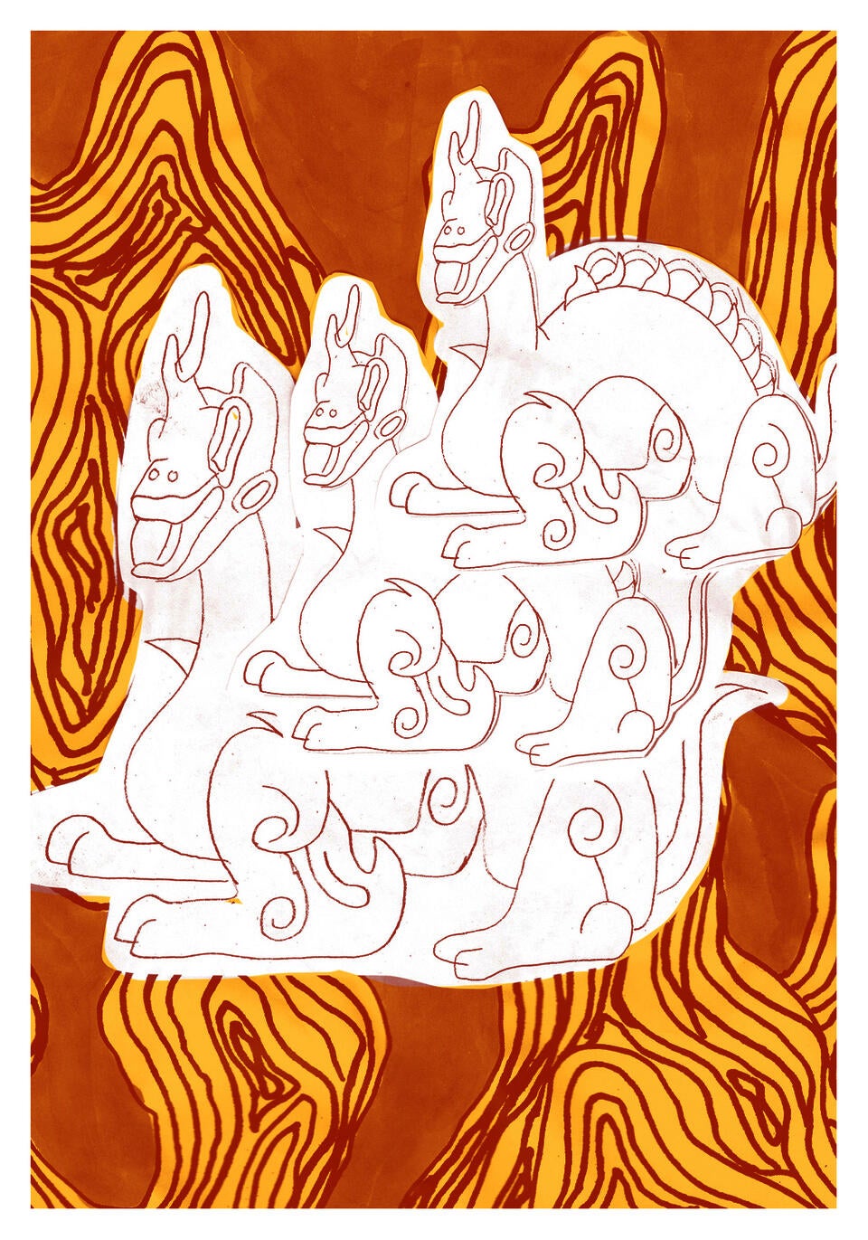 Three dragons layered on top of each other diminishing in size with largest being infront on an orange background with lines going up and down.  
