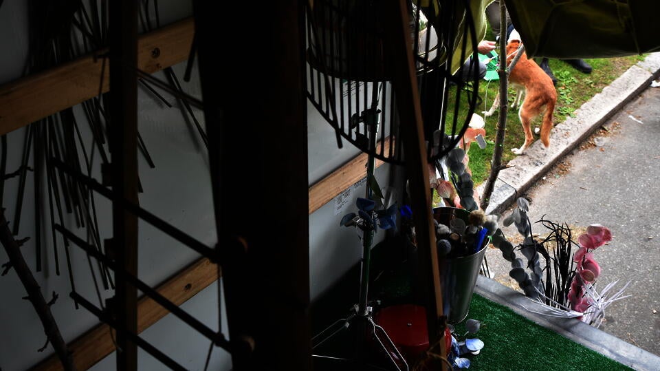 Sticks, metal objects, fake flowers inside a U-Haul truck as part of found object noise garden. 