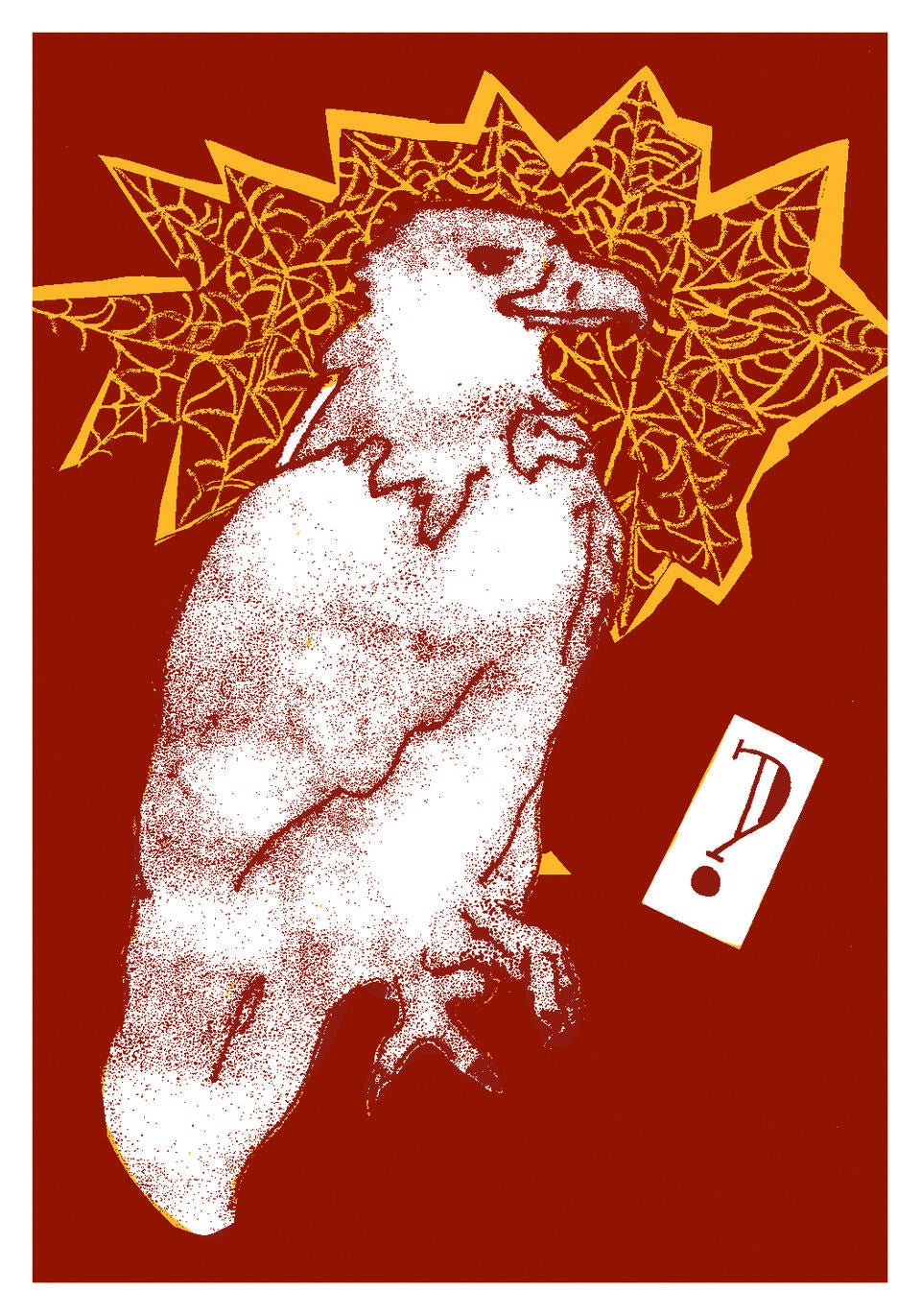 An eagle on an orange background with question mark floating to the right by its claws