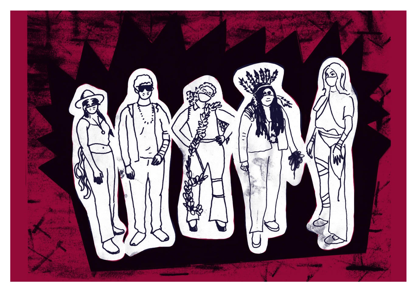 a pink background with maroon background with five figures drawn in with lines. Left to right. A girl wearing a mask, cowboy hat, crop top and pants; A boy a sweater and pants wearing a beads and sunglasses; a figure in a mask with pants and a cropped top with a strand of leafy greens winding around their body; a figure with long dark hair, a feather crown, pants and sweater hold a ball of yarn; a female figure with shoulder length hair wear a short sleeve shirt and pants with ribbons and chains. 