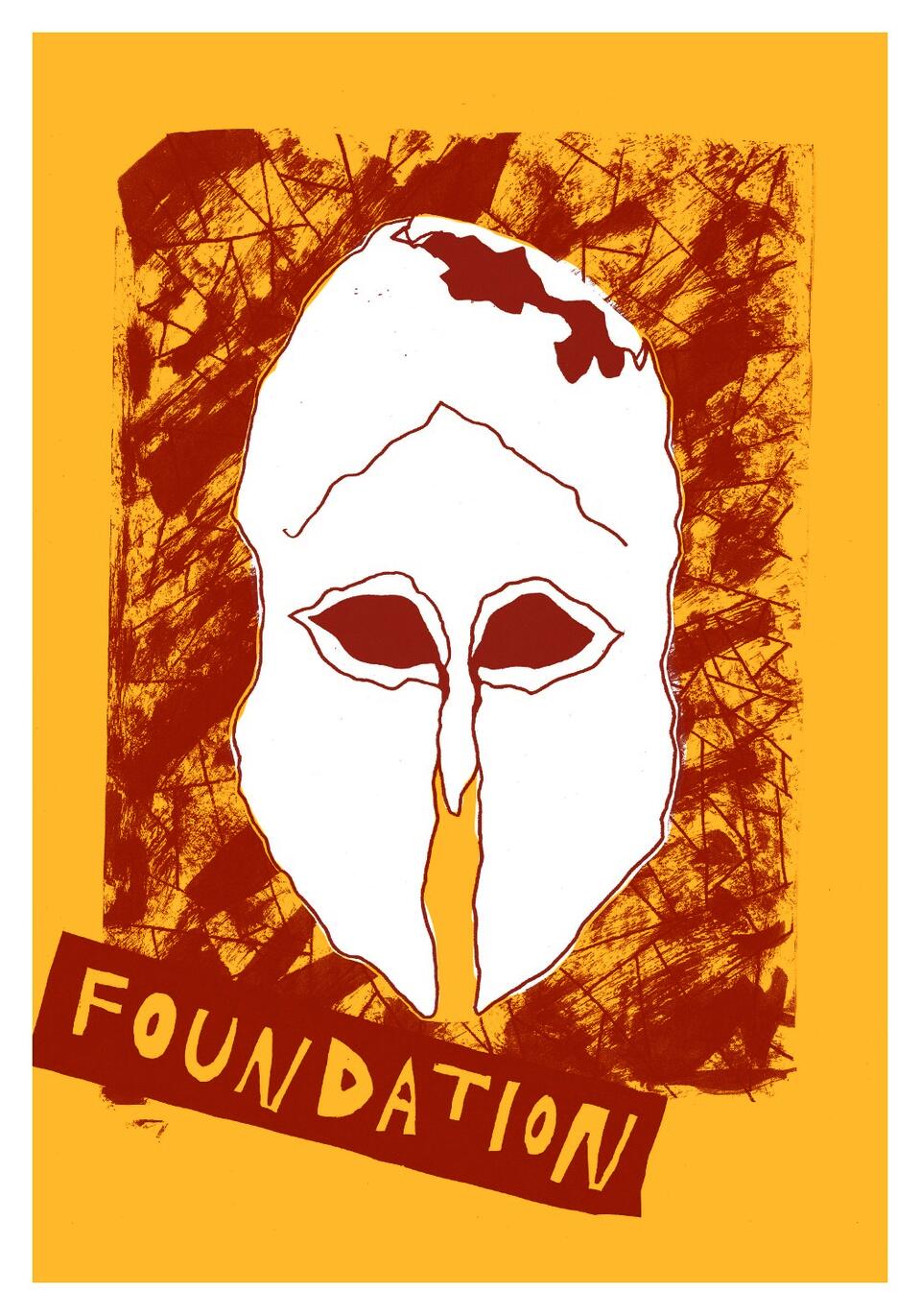 drawing of a Cornithian helmet with a cracked top and the word "foundation" on the lower left. 