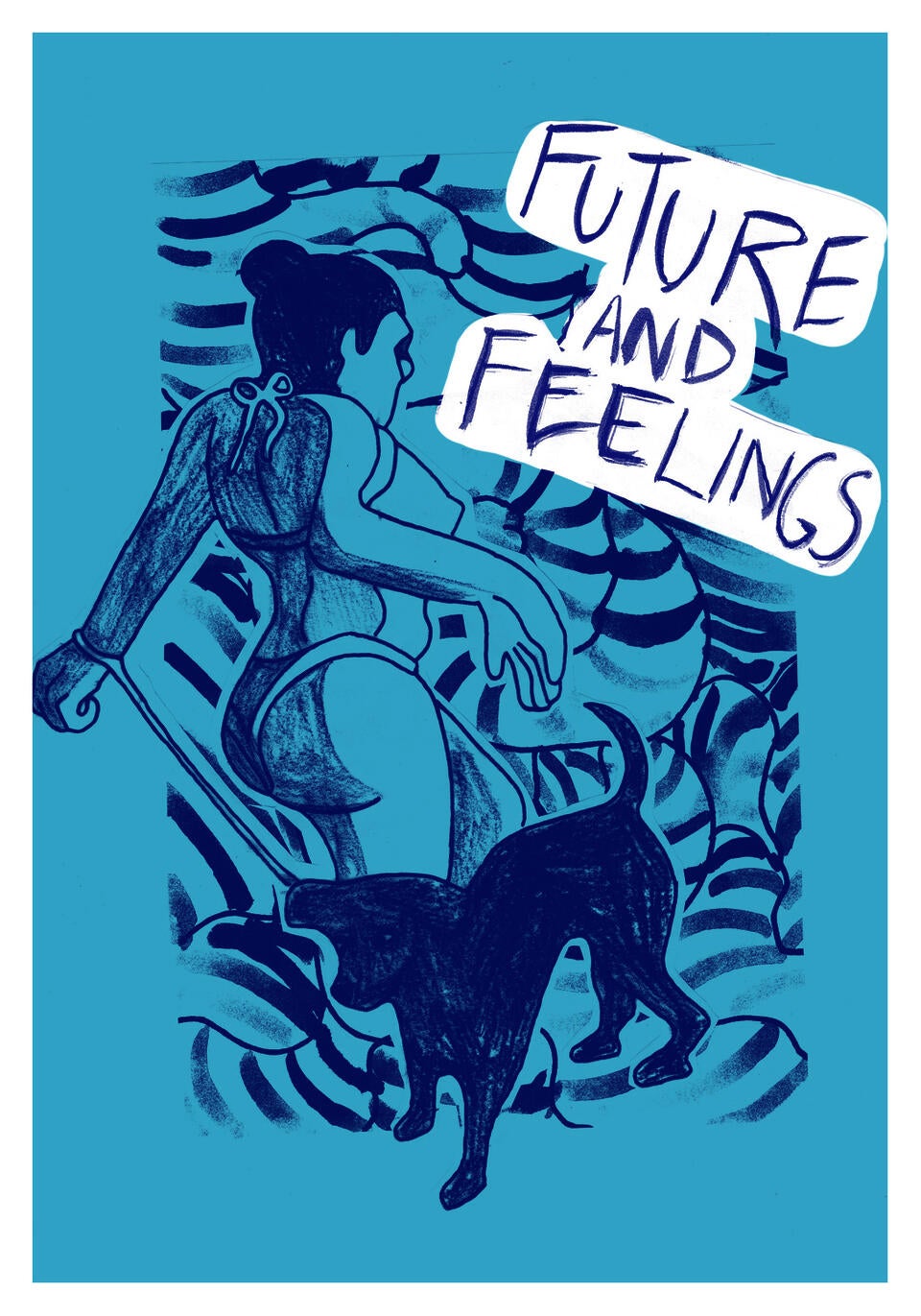 a figure in a biniki walking a dog into a swirling depth and the words "future and feelings" on the upper right