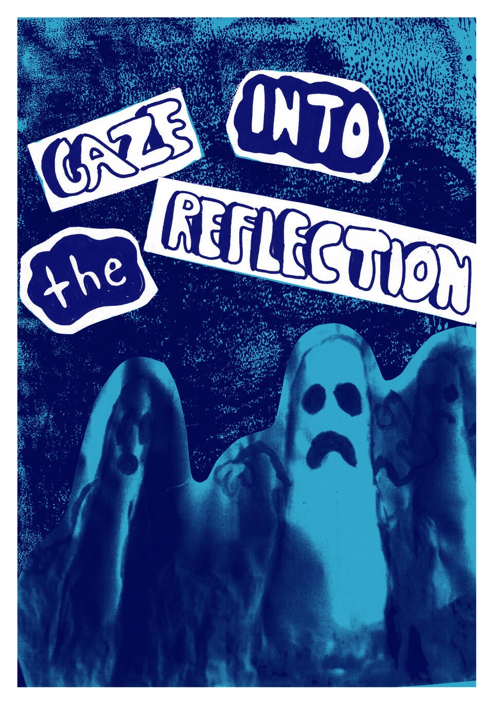 three ghostly figures occupy the lower half of the image  with the words Gaze into the Reflection above them