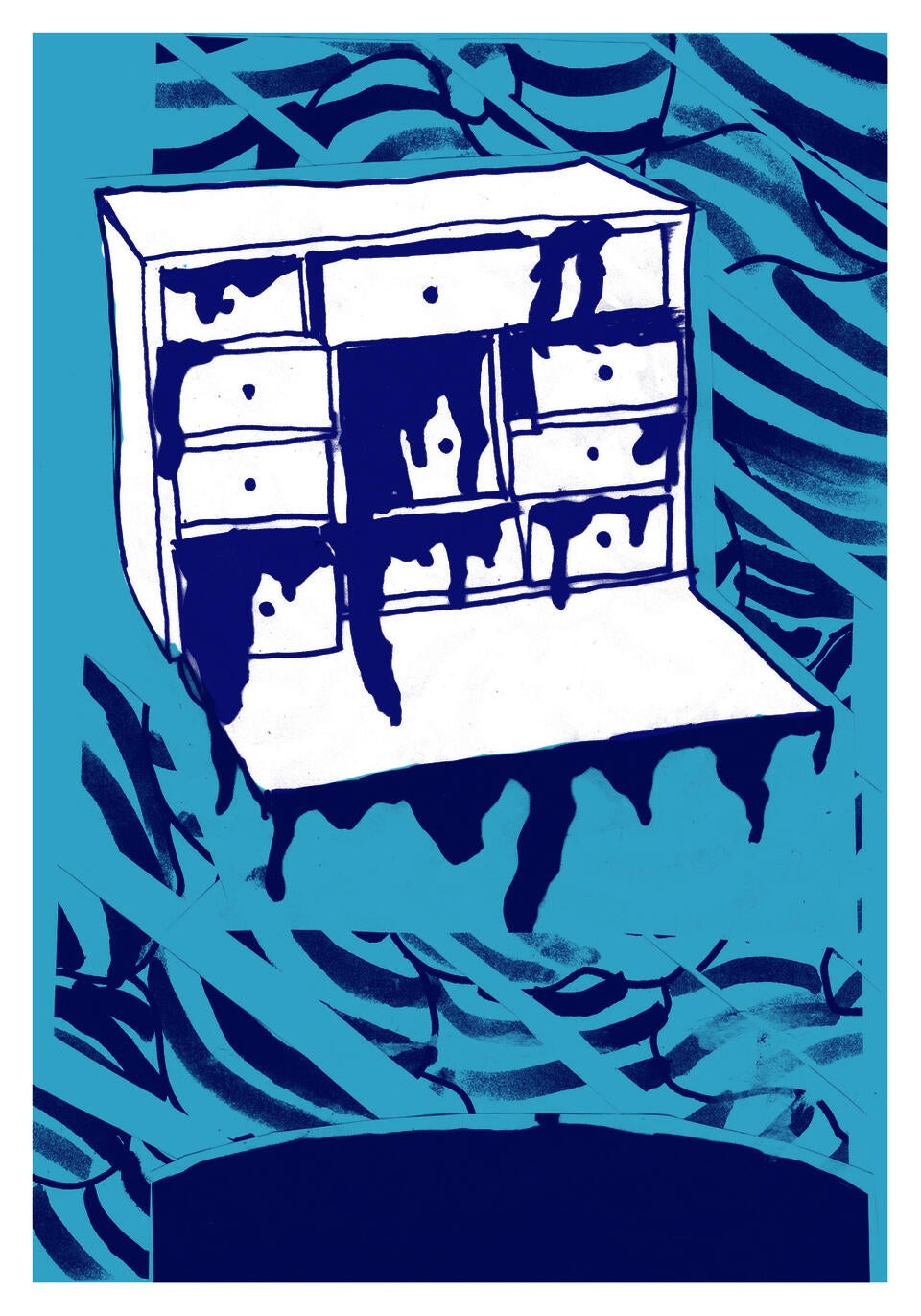 All in blue tones a chest of draws is dripping liquid on a swirling lined background