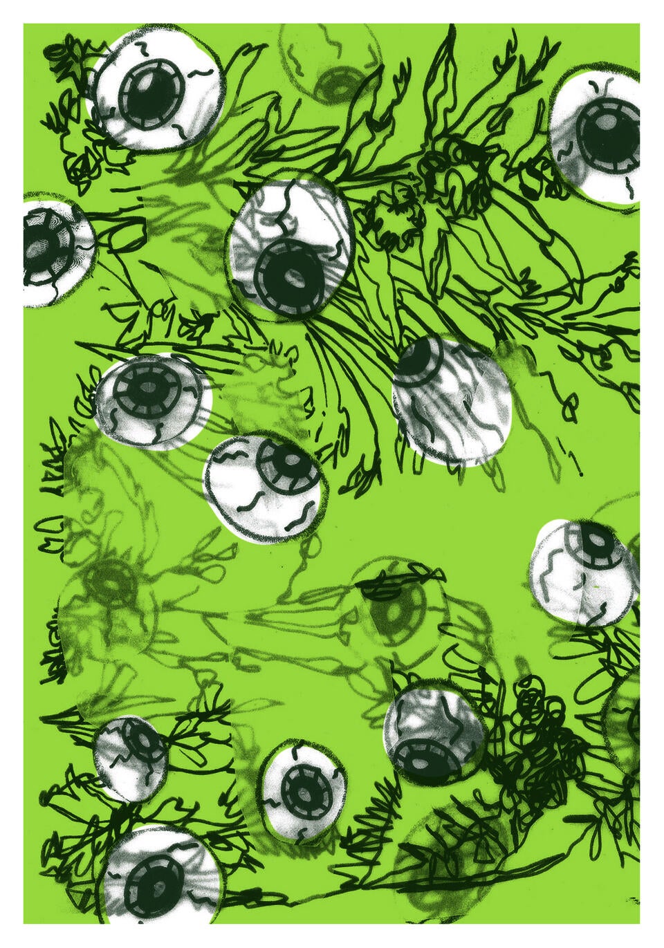 eyeballs and leaves spread across the image 