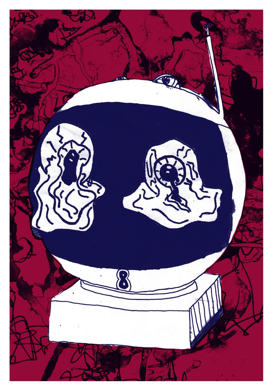 a circular TV with bloodshot eyeballs on it on drippy pink background