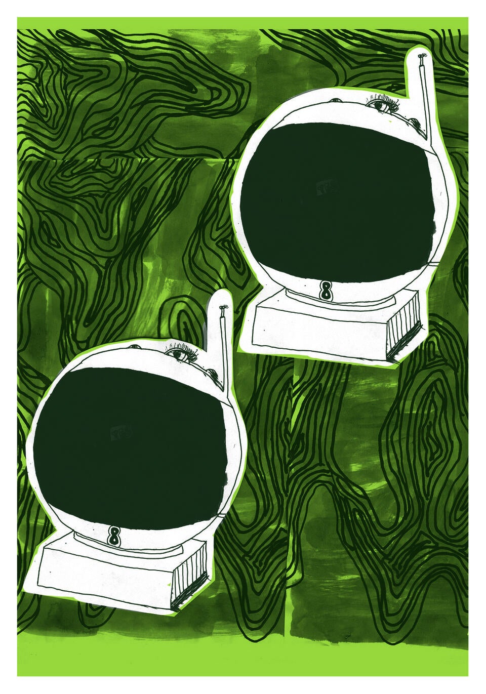 Two small spherical TV on a green lined background