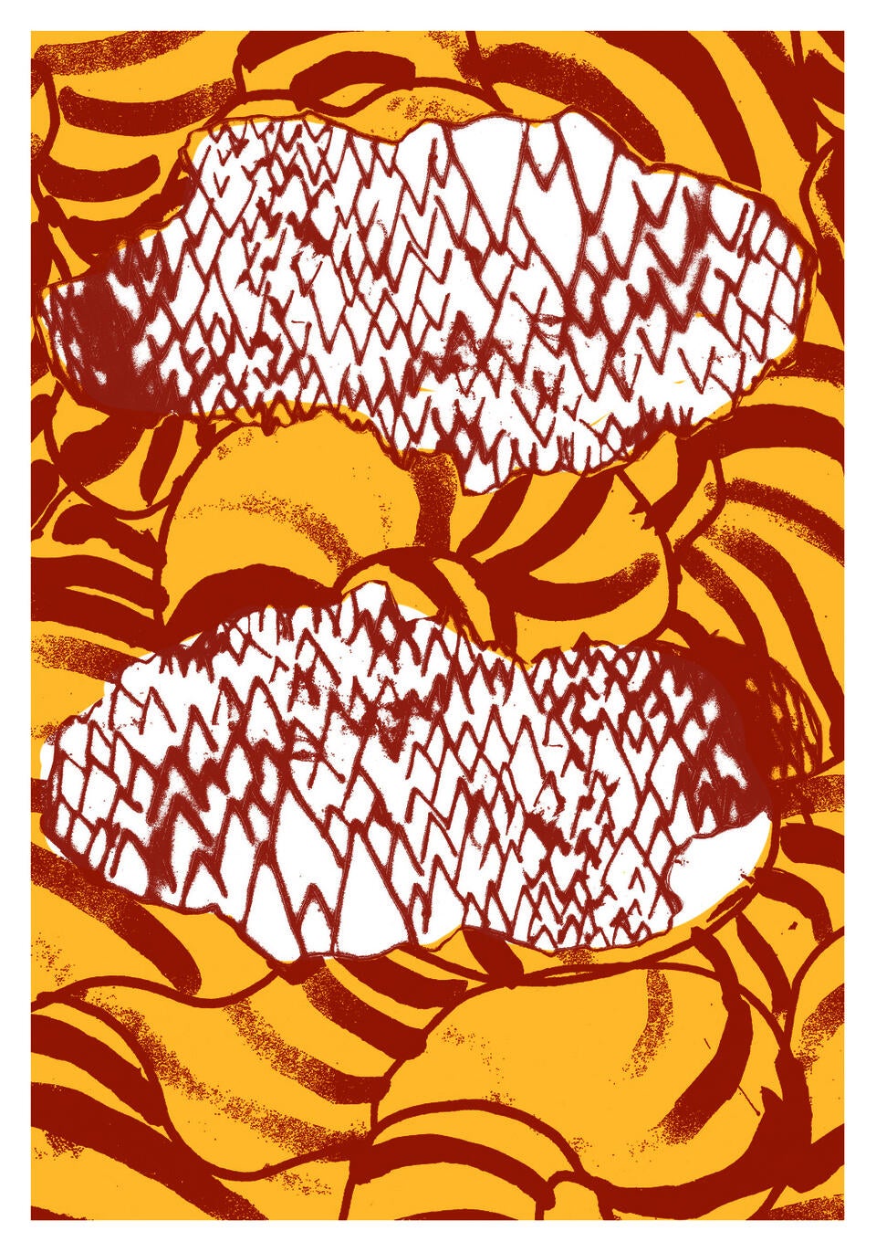 two spikey shapes on a swirling background