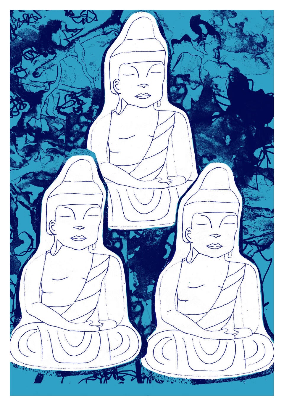 Three sitting buddhas on drippy paint background