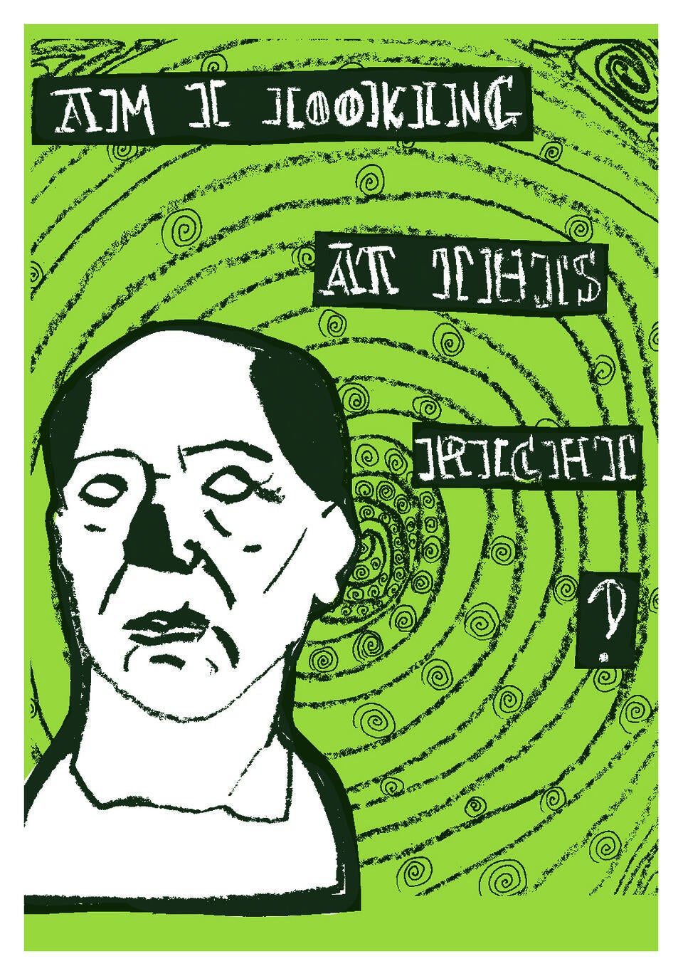 a spiral background with a drawing of old greek statue and the words "am I looking at this right?"