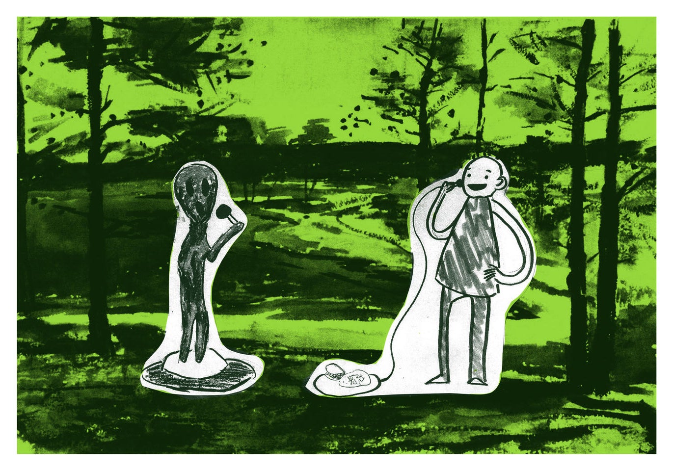 a green forest with two figures singing into microphones. One is alien the other is human