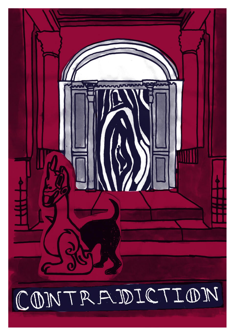 In pinks and purples there is half dragon half dog standing in front of a doorway with swirling portal, the words contradiction along the bottom. 