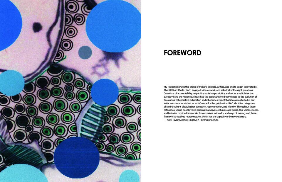 Left side of page has circular shapes and words on the right