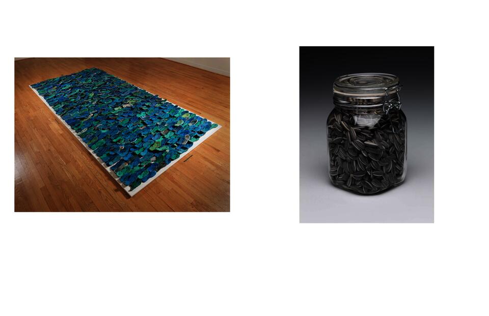 On the left side is a image of a low white rectangular platform on the floor covered with blue flipflops layers that have barbed wire for straps. On the right is glass jar with snap lid that 1000 porcelain sun flower seeds, sculpted and painted by hand.   
