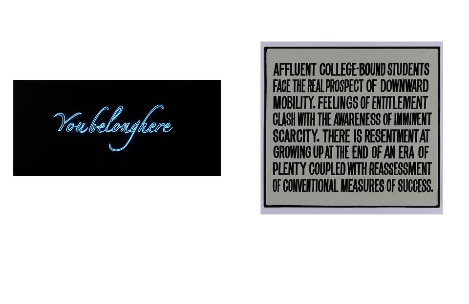 On the left the words "You Belong Here" in blue neon letters against a back background. One the right the hand painted black capital letters on an enamel panel.