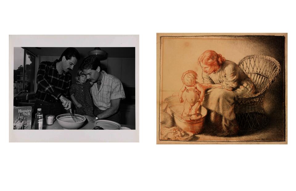 Left side of page has an image of two men. The one the left is in a flannel long sleeve shirt and is preparing pancakes. The man on right is in a short sleeve shirt hold  for their daughter in a flora print dress being held his daughter in a floral dress between the two men. 