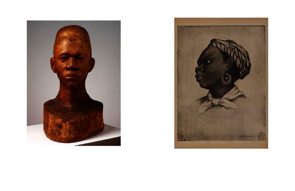 Left side is an image of a wooden head and neck of a Black Man. Right side is an image of back woman with wearing a neck and head scarf. She wears a dangling hoop earing.  