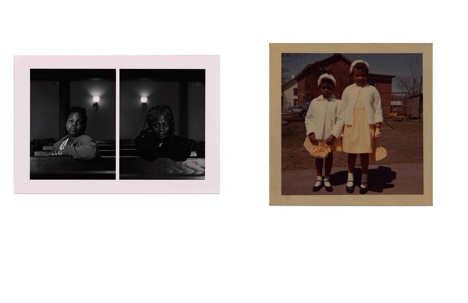 Left side is an image that is divided in two. The left is an image of early teenage black girl, hair pulled back with only a few curls on top, with one arm propped on a church pew. Right is a elder black woman with small short dreadlocks, her elbows on the church pew. One hand next her ear facing back backwards while the other is hand is not visible