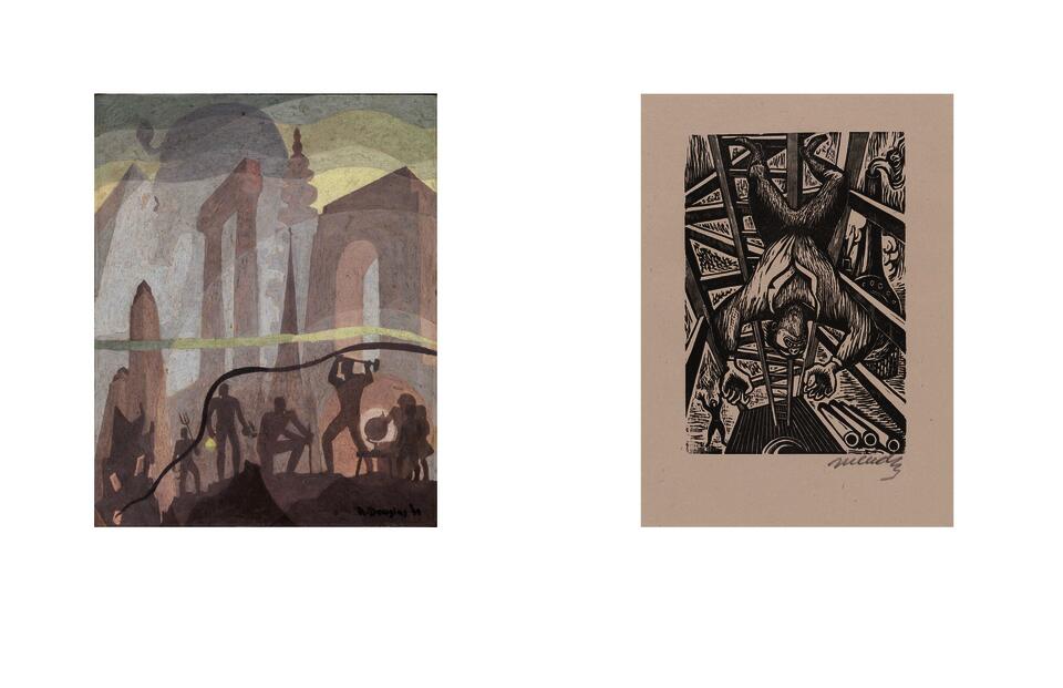 Two images. Left side is Build More Stately Mansions by Aaron Douglas. Right side is An Accident from the portfolio 25 prints of Leopoldo Mendez