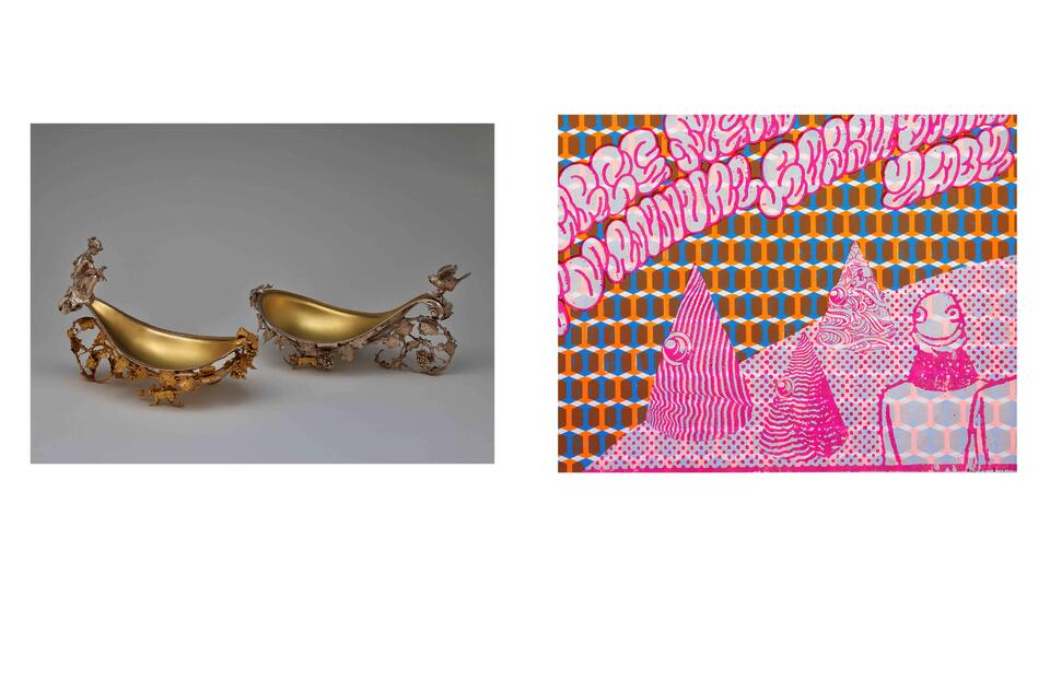 left side image is a fruit stand by Gorham Manufacturing Company. Right side is a Matt Brinkman print from the portfolio Promassive.