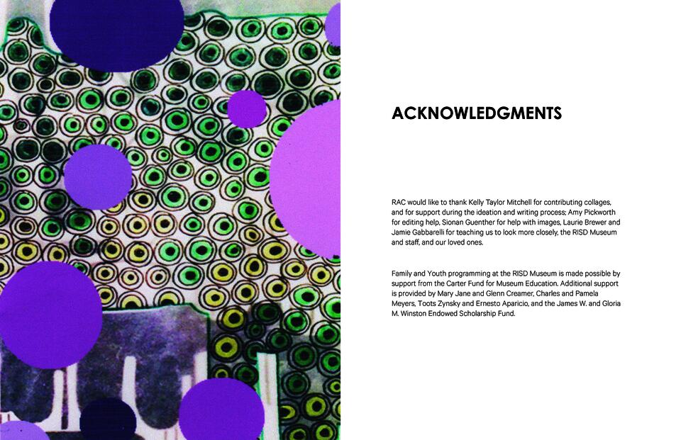 Left page is a design of blueish green and black circle with purple circles overlayed. Right side is acknowledgments 