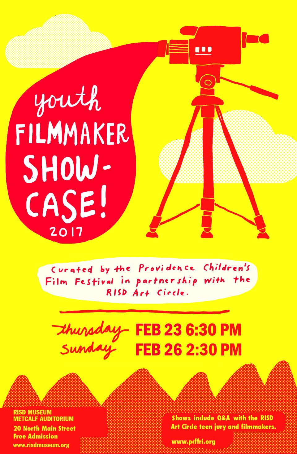 Yellow, pink, and orange poster advertising the Youth Film Maker Showcase