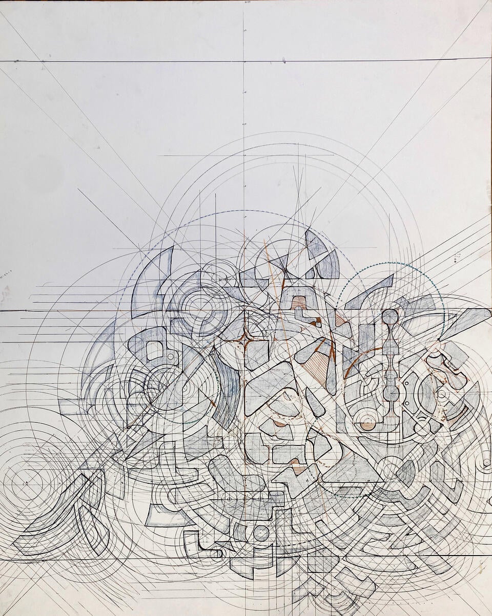 This is a drawing of various shapes, many being square or circle variations. The guidelines are dictating the next shapes.
