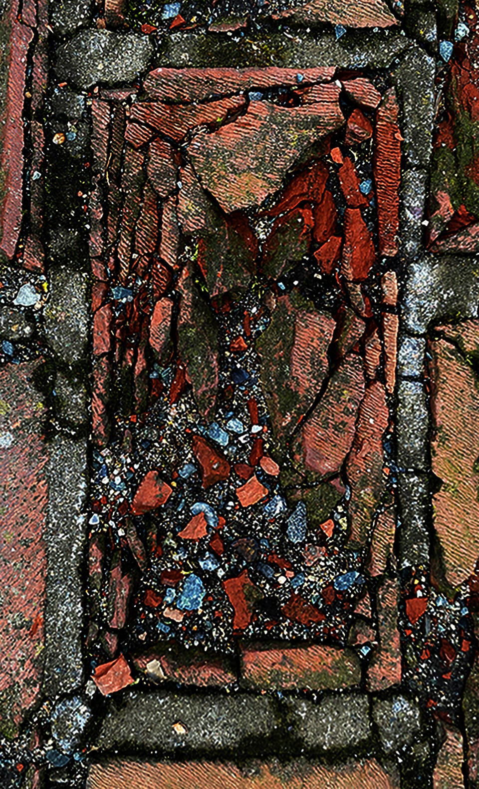 Photograph of a brick in bird's-eye view. Because of adjacent roots, the brick is breaking apart