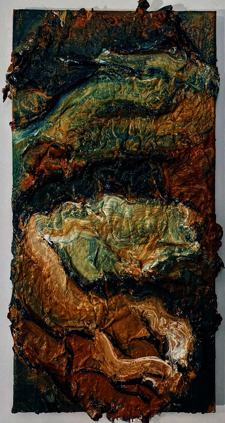 This painting was made with a sheet of acrylic paint that was dried and draped onto a canvas. The resulting surface was painted on with warmer yellow, green, and teal colors