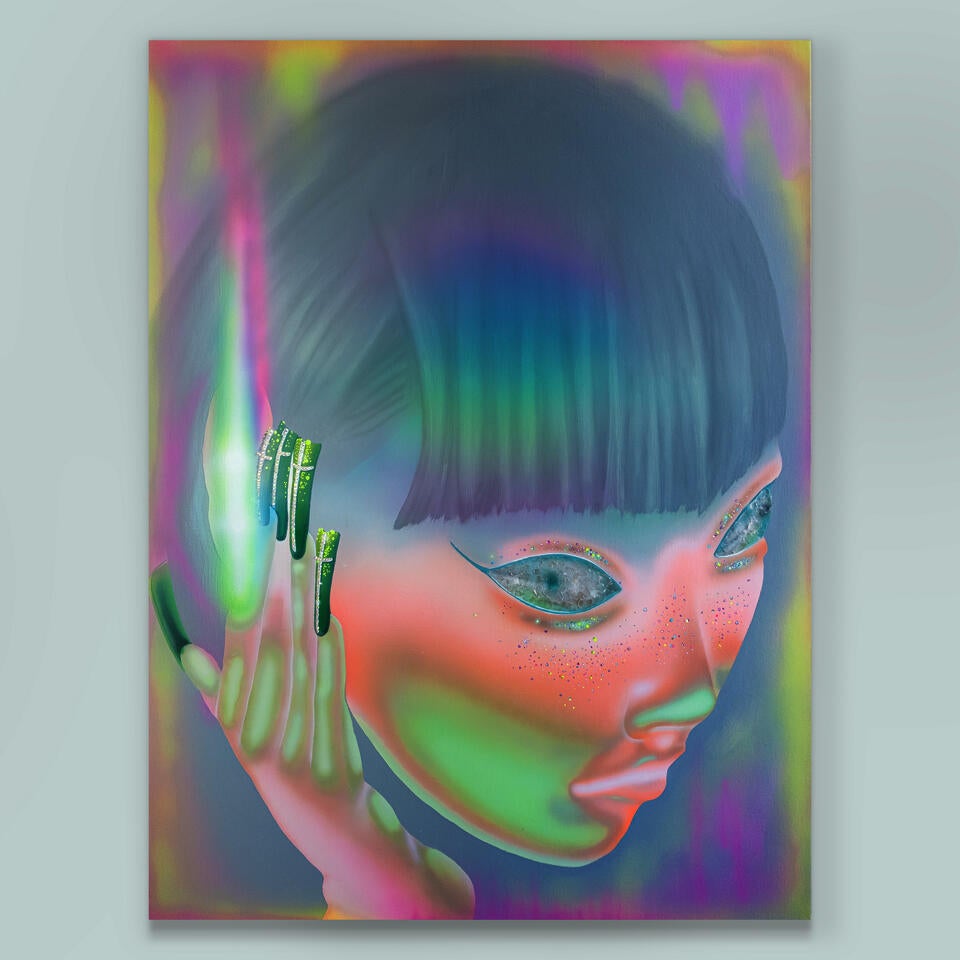 Chromatic neon portrait with eyes lighting up and fragmented by mica and rays of light shooting out of the ear and colorful rhinestone decaled nails