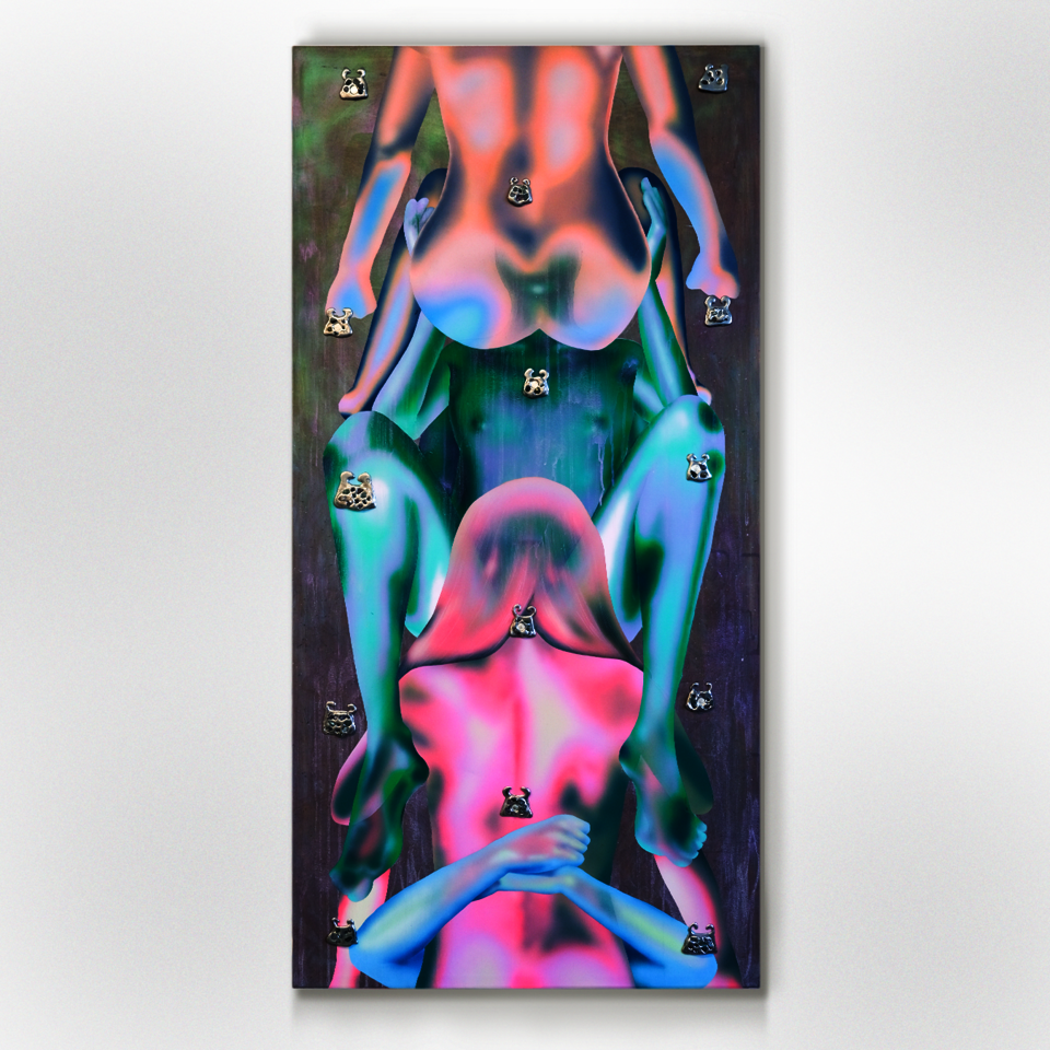 Multiple fluorescent bodies stacked upon one another against a stone colored background. The bodies are translucent and there is a field of mirrorized spirit locks that lay over the totem of figures.