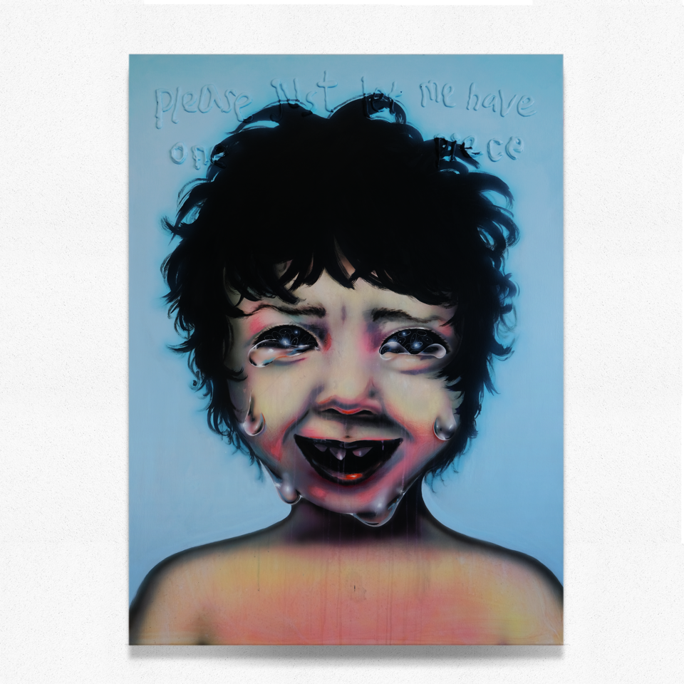 Portrait of a young boy with curly black hair against a light blue background, eyes are sparkling and the boy is crying giant tears which are sparkling. The boy's teeth are jagged and crooked.