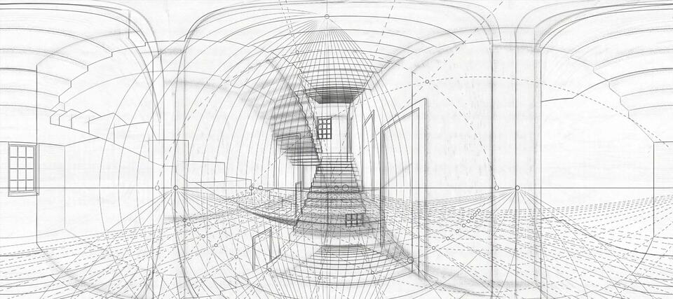 The image depicts a complex wireframe architectural drawing of an interior space. The drawing showcases a detailed perspective view with multiple vanishing points, emphasizing the depth and structure of the space. 
