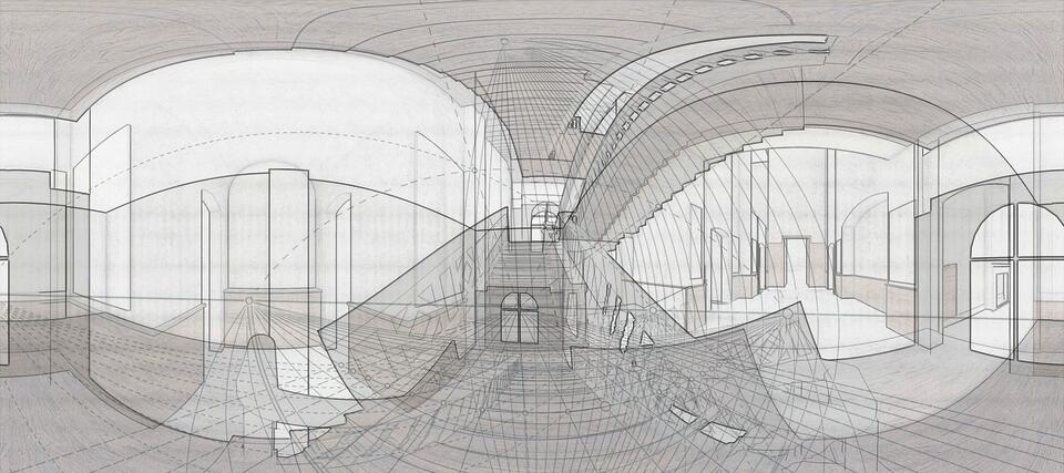 The image depicts a complex wireframe architectural drawing of an interior space. The drawing showcases a detailed perspective view with multiple vanishing points, emphasizing the depth and structure of the space. 
