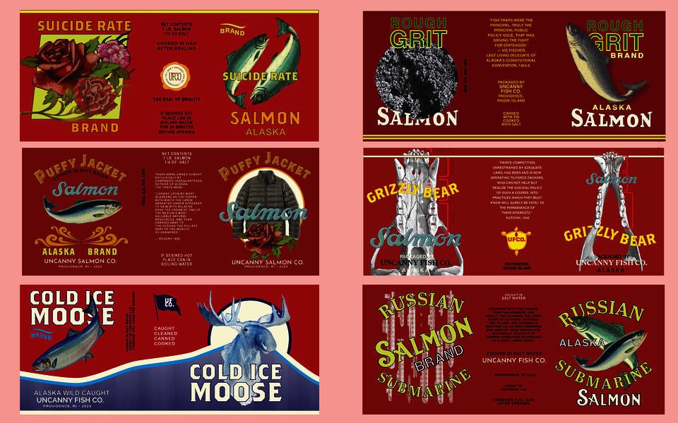 Six original labels for tin cans of salmon based on historic examples.