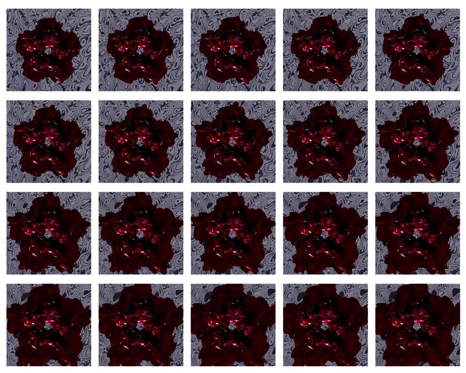 a selection of animation frames of a human made of blood spilling to fill the frame. 