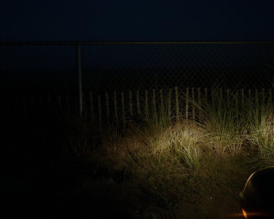 A photograh of a beach at dusk. The sky is dark blue, underneth is the Atlantic ocean. A tall metal fence and short wooden fence blocks the view and entry to the ocean. Green and dusty yellow folliage behind and infront of the metal fence. In the bottom right corner is a car headlight lighting the scene. 