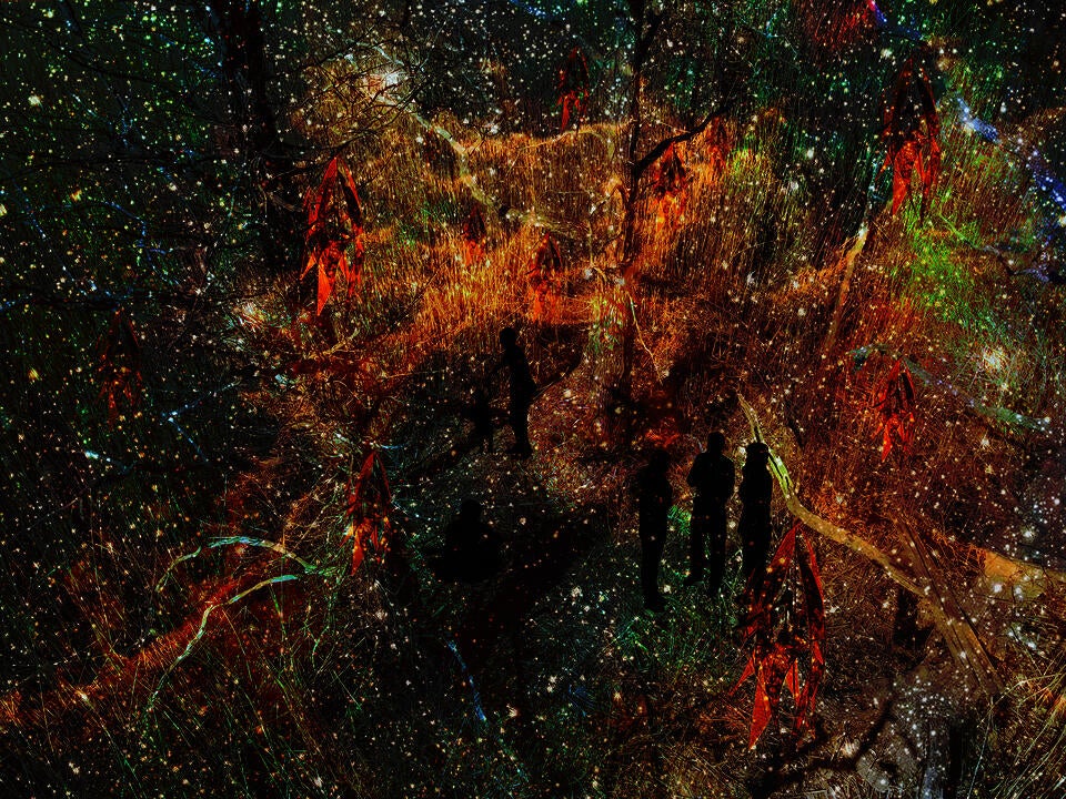 Digital collage of a lantern festival, there is a mystical and warm atmosphere, with the energy of many people.