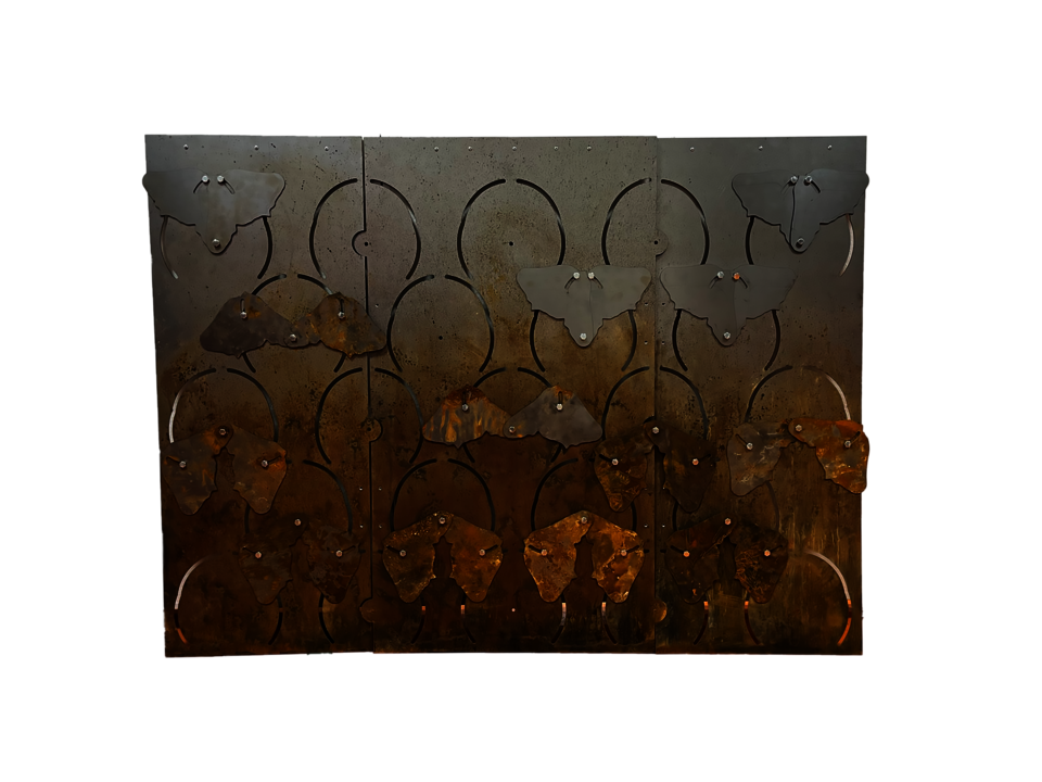This metal facade mockup has three phases, moments of moth-like mobility, abstract geometric rusted stagnation when it catches on the lip, and metamorphic transformation when it corrodes and collapses.