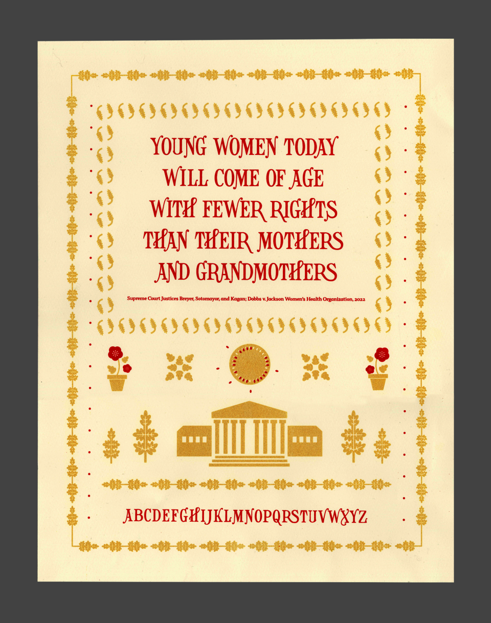 Cream, red, and gold silkscreen-printed poster. Featuring the glyph set of the typeface, Household Management, and a set of accompanying illustrations.