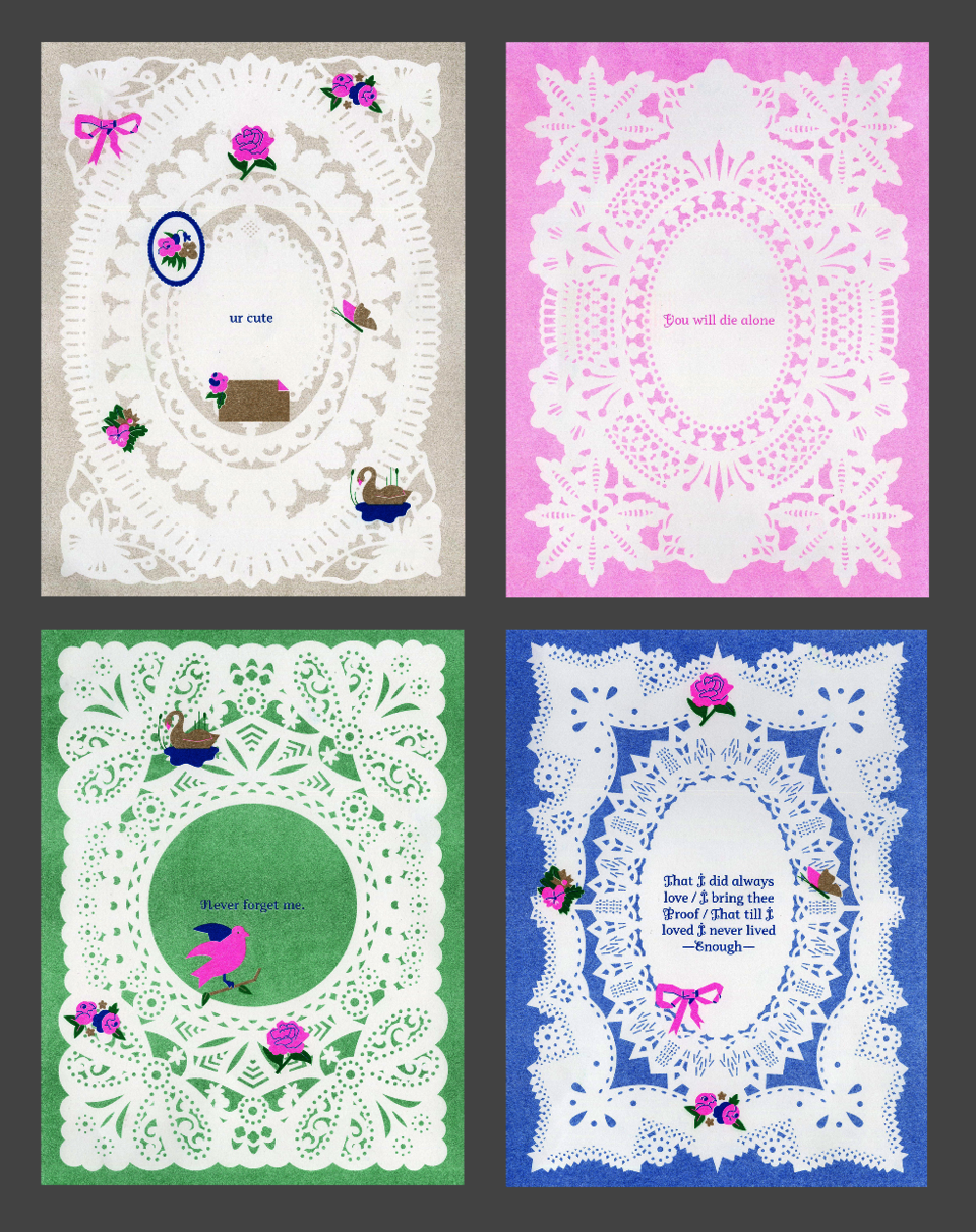 Four fluorescent risograph prints of valentines generated by a web-generator website with graphics based on the stationery work of Esther Howland.